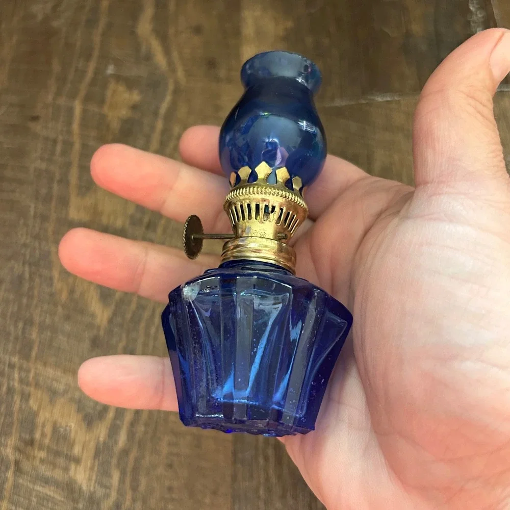 Vintage Cobalt Blue Glass Miniature Oil Lamps Set of 2 Tiny Decor